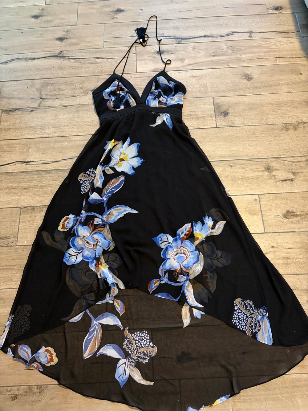 White House Black Market Black Halter High-Low Dress with Blue Floral Print